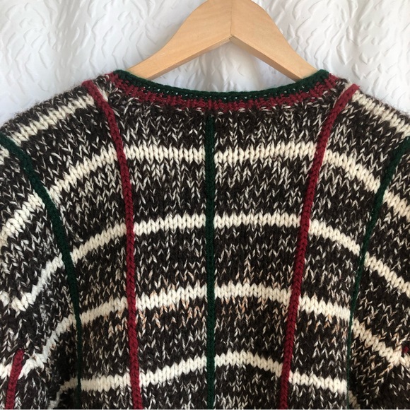 Handmade Handknit Longsleeve Neutral Tone Wool Sweater with Plaid Detailing - Picture 5 of 9